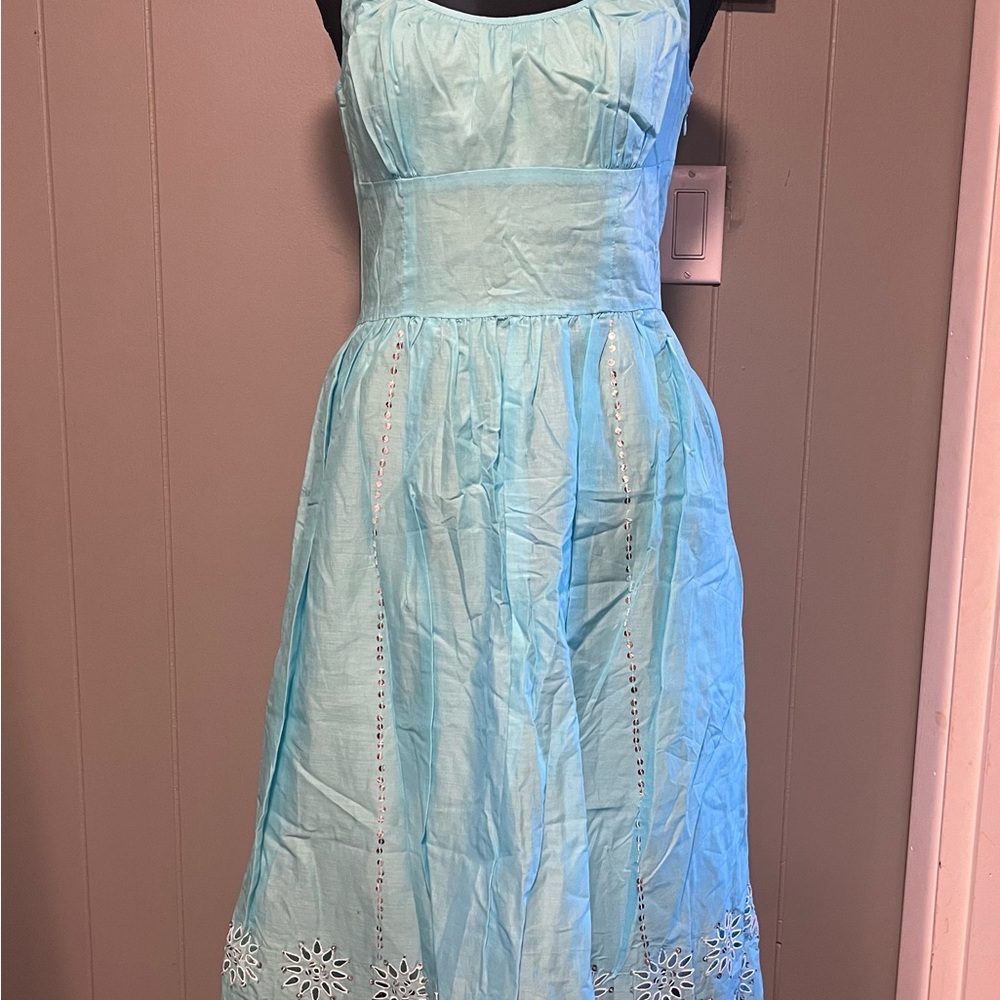 NWT Loft Sundress Layered Blue Cotton Sequin Embroidered Cutout Peasant Size 4